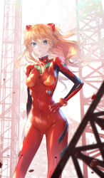 Rule 34 | 1girl, absurdres, artist request, blue eyes, bodysuit, breasts, brown hair, curvy, floating hair, hair ornament, hand on own hip, highres, interface headset, long hair, looking at viewer, medium breasts, neon genesis evangelion, plugsuit, red bodysuit, shiny clothes, simple background, solo, souryuu asuka langley, standing, very long hair, wide hips