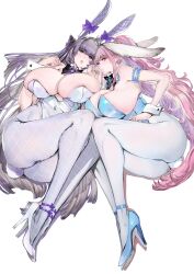 Rule 34 | 2girls, absurdres, animal ears, ass, blue leotard, blunt bangs, breasts, cleavage, commentary request, fake animal ears, fake tail, fishnet pantyhose, fishnets, high heels, highres, houden eizou, huge breasts, leotard, long hair, looking at viewer, lying, multicolored hair, multiple girls, on back, on side, original, pantyhose, pink hair, playboy bunny, ponytail, purple hair, rabbit ears, rabbit tail, ribbon, sideboob, streaked hair, tail, undersized breast cup, undersized clothes, very long hair, white background, white hair, white leotard, white pantyhose, wrist cuffs