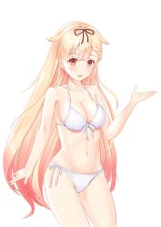 Rule 34 | 1girl, bikini, black ribbon, blonde hair, breasts, cleavage, commentary request, cowboy shot, front-tie top, gradient hair, hair flaps, hair ornament, hair ribbon, hairclip, highres, kantai collection, long hair, looking at viewer, medium breasts, multicolored hair, red eyes, ribbon, side-tie bikini bottom, simple background, smile, solo, standing, swimsuit, white background, white bikini, yuudachi (kancolle), yuudachi kai ni (kancolle), zuki
