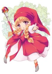 Rule 34 | 1girl, blonde hair, blush, bow, bracelet, braid, dragon quest, dragon quest xi, dress, flower, full body, grey footwear, hat, holding, holding staff, jewelry, kichijou agata, long hair, looking at viewer, open mouth, orange socks, puffy short sleeves, puffy sleeves, purple eyes, red bow, red hat, short sleeves, socks, solo, staff, twin braids, veronica (dq11), white background