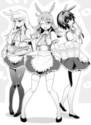 Rule 34 | 3girls, apron, bow, breasts, burger, clipboard, fate/grand order, fate (series), food, frilled skirt, frills, full body, greyscale, head wings, highres, hildr (fate), kneehighs, long hair, looking at viewer, maid apron, medium breasts, medium hair, menu, monochrome, multiple girls, one eye closed, ono misao, open mouth, ortlinde (fate), pantyhose, puffy short sleeves, puffy sleeves, ribbon, shoes, short hair, short sleeves, skirt, smile, socks, standing, thighhighs, thrud (fate), tray, valkyrie (fate), waist apron, waitress, wings, wrist cuffs, zettai ryouiki