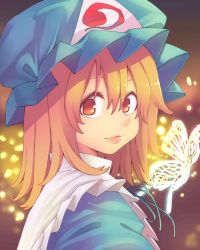Rule 34 | 1girl, alternate eye color, alternate hair color, anarogumaaa, bad id, bad pixiv id, blue dress, bug, butterfly, dress, gradient background, hat, insect, light particles, lips, looking at viewer, looking back, orange hair, pink hair, portrait, red eyes, ribbon, saigyouji yuyuko, short hair, smile, solo, touhou, triangular headpiece