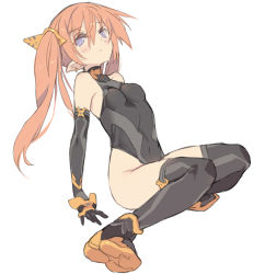 Rule 34 | 1girl, arm support, armpits, bare shoulders, blade (galaxist), blush, boots, character request, covered navel, earrings, elbow gloves, gloves, grey eyes, hair ornament, halterneck, highleg, highleg leotard, jewelry, leotard, long hair, orange hair, original, pointy ears, simple background, sitting, solo, thigh boots, thighhighs, twintails, white background