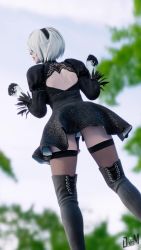 Rule 34 | 1girl, 3d, animated, ass, ass shake, back cutout, black blindfold, blindfold, boots, clothing cutout, dancing, elbow gloves, gloves, hairband, highres, juliet sleeves, leotard, long sleeves, naughty denism, nier (series), nier:automata, puffy sleeves, short hair, skirt, solo, thigh boots, thighhighs, thighhighs under boots, thighs, video, white hair, 2b (nier:automata)