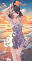 Rule 34 | 1girl, antenna hair, arms up, beach, black clover, black hair, blue sky, breasts, cleavage, cloud, dated, demon horns, evening, f3968837, highres, horns, medium breasts, nightgown, ocean, outdoors, red eyes, red horns, sand, secre swallowtail, sky, solo, water, white nightgown