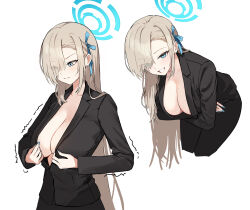 1girl alternate_costume asuna_(blue_archive) black_jacket black_skirt blazer blue_archive blue_eyes blue_halo blue_ribbon breasts brown_hair cleavage commentary hair_over_one_eye hair_ribbon halo highres jacket jason_kim large_breasts long_hair long_sleeves looking_at_viewer multiple_views ribbon simple_background skirt smile very_long_hair white_background