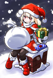 Rule 34 | 1girl, blush, boots, box, chimney, christmas, exice-zero, fur trim, gift, gift box, gloves, hat, highres, holding, holding gift, kugelschreiber, long hair, looking at viewer, original, pom pom (clothes), red eyes, ribbon, sack, santa costume, santa hat, smile, snow, snowing, solo