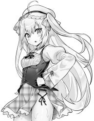 Rule 34 | 1girl, ahoge, azur lane, blush, breasts, crescent (azur lane), greyscale, hand on own hip, hat, hori (hori no su), long hair, long sleeves, looking at viewer, monochrome, parted lips, simple background, small breasts, solo, sweat, white background