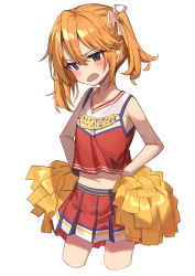 Rule 34 | 1girl, absurdres, armpit crease, black eyes, blush, breasts, camisole, cheerleader, collarbone, cropped legs, frown, hair between eyes, haruyuki (gffewuoutgblubh), highres, holding, holding pom poms, idolmaster, idolmaster cinderella girls, looking at viewer, medium hair, navel, open mouth, orange hair, pleated skirt, pom pom (cheerleading), pom poms, short twintails, simple background, skirt, small breasts, solo, twintails, uniform, white background, yuuki haru