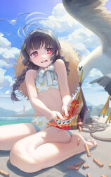Rule 34 | 1girl, bare legs, barefoot, bikini, bird, black hair, blue archive, braid, bright pupils, flat chest, halo, hat, hat on back, highres, korean text, looking at animal, miyu (blue archive), miyu (swimsuit) (blue archive), navel, nyamunyamu, official alternate costume, outdoors, red eyes, rope, seagull, sitting, snack, solo, straw hat, swimsuit, tears, toes, twin braids, wariza, white bikini