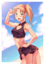 Rule 34 | 1girl, adapted costume, ass, bad id, bad pixiv id, bikini, blonde hair, blush, breasts, chinese clothes, cleavage, cleavage cutout, clothing cutout, e20, fang, green eyes, long hair, looking back, outside border, quiz magic academy, side ponytail, solo, swimsuit, yang yang