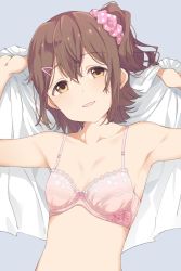 Rule 34 | 1girl, armpits, arms up, bad id, bad twitter id, bare shoulders, blush, bow, bow bra, bra, breasts, brown eyes, brown hair, collarbone, commentary request, floral print, grey background, hair between eyes, hair ornament, hair scrunchie, hairclip, head tilt, highres, hiroki (yyqw7151), idolmaster, idolmaster million live!, kasuga mirai, light blush, looking at viewer, one side up, parted lips, pink bow, pink bra, pink ribbon, pink scrunchie, polka dot, polka dot scrunchie, print bra, ribbon, scrunchie, shirt, short hair, sidelocks, simple background, small breasts, smile, solo, underwear, undressing, upper body, white shirt
