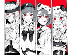 Rule 34 | 4girls, border, commentary, cross, flandre scarlet, hat, highres, holding, holding cross, jacket girl (dipp), label girl (dipp), laspberry., limited palette, long hair, looking at viewer, medium hair, mob cap, multiple girls, navel, red background, red eyes, remilia scarlet, stuffed animal, stuffed toy, symbol-only commentary, teddy bear, touhou, upper body, white border