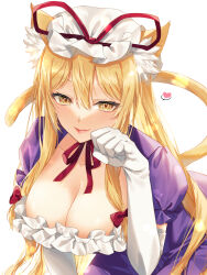 Rule 34 | 1girl, :p, animal ear fluff, animal ears, blonde hair, blush, breasts, cat ears, cat tail, choker, cleavage, closed mouth, collarbone, commentary, dress, elbow gloves, eyelashes, frilled dress, frills, gloves, hair between eyes, hat, heart, highres, kirisita, large breasts, long hair, looking at viewer, mob cap, paw pose, puffy short sleeves, puffy sleeves, purple dress, red ribbon, ribbon, ribbon choker, short sleeves, sidelocks, solo, tail, tongue, tongue out, touhou, white background, white gloves, white hat, yakumo yukari