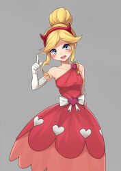 Rule 34 | 1girl, :d, bare shoulders, blonde hair, blue eyes, bow, collarbone, commentary request, demon horns, dress, elbow gloves, frostcyco, gloves, grey background, hair bun, hairband, heart, heart cheeks, highres, horns, index finger raised, long hair, looking at viewer, open mouth, pink dress, sidelocks, simple background, single hair bun, smile, solo, star butterfly, star vs the forces of evil, white gloves