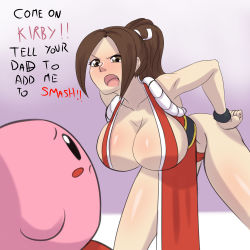 Rule 34 | 1boy, 1girl, absurdres, angry, bent over, borrowed character, breasts, brown hair, cleavage, crossover, curvy, english text, fang, fatal fury, frown, hand on own hip, hanging breasts, highres, karuro-kun, kirby, kirby (series), large breasts, leaning forward, legs, nintendo, open mouth, ponytail, revealing clothes, shiny skin, shiranui mai, snk, snk heroines: tag team frenzy, super smash bros., thighs