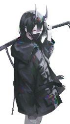 Rule 34 | 1girl, absurdres, black hair, black jacket, commentary, english commentary, erospanda, glitch, hair between eyes, hand up, highres, holding, holding sword, holding weapon, horns, jacket, katana, long sleeves, looking at viewer, looking to the side, mask, mouth mask, oni, oni horns, open clothes, open jacket, original, puffy long sleeves, puffy sleeves, red eyes, sheath, sheathed, simple background, sleeves past wrists, solo, standing, sword, weapon, white background