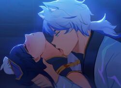 Rule 34 | 1boy, 1girl, aleriy, black hair, blush, closed eyes, ezreal, facing up, grey hair, hair ornament, hetero, highres, league of legends, licking, licking another&#039;s neck, long hair, long sleeves, looking at another, lux (league of legends), official alternate costume, porcelain ezreal, porcelain lux, rabbit hair ornament, short hair, tongue, tongue out, upper body