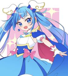 Rule 34 | 1girl, ahoge, blue eyes, blue hair, blue skirt, bow, brooch, cape, commentary, cure sky, detached sleeves, earrings, fingerless gloves, gloves, highres, hirogaru sky! precure, jewelry, magical girl, naka, pink bow, precure, puffy detached sleeves, puffy sleeves, single earring, single sidelock, skirt, solo, sora harewataru, twintails, two-sided cape, two-sided fabric, white gloves, wing brooch, wing hair ornament