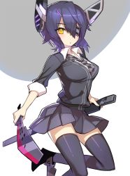 Rule 34 | 10s, 1girl, black thighhighs, breasts, dress shirt, eyepatch, hair ornament, hairclip, headgear, kantai collection, looking at viewer, necktie, parted lips, pleated skirt, purple hair, saitou naoki, scabbard, sheath, shirt, short hair, skirt, sleeves rolled up, solo, sword, tenryuu (kancolle), thighhighs, weapon, yellow eyes