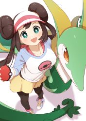 Rule 34 | 1girl, :d, black pantyhose, bow, breasts, bright pupils, brown hair, collarbone, commentary request, creatures (company), double bun, game freak, gen 5 pokemon, green eyes, hair bun, highres, holding, holding poke ball, long hair, looking at viewer, nintendo, open mouth, pantyhose, pantyhose under shorts, pink bow, poke ball, poke ball (basic), pokemon, pokemon (creature), pokemon bw2, raglan sleeves, rosa (pokemon), serperior, shirt, shoes, short shorts, shorts, smile, sneakers, standing, twintails, visor cap, white pupils, yaaben, yellow shorts