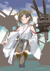 Rule 34 | 10s, 1girl, bare shoulders, black hair, blue eyes, blush, boots, breasts, brown hair, detached sleeves, glasses, hairband, hand on own hip, highres, japanese clothes, kantai collection, karlwolf, kirishima (kancolle), looking at viewer, multiple girls, no legwear, personification, short hair, skirt, thigh boots, thighhighs, wading