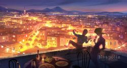 Rule 34 | 2boys, alcohol, blonde hair, braid, braided ponytail, building, city, city lights, cityscape, collared jacket, cup, eating, flower, food, formal, giorno giovanna, guido mista, highres, holding, holding cup, holding flower, jacket, jojo no kimyou na bouken, long hair, long sleeves, male focus, meipu hm, mountainous horizon, multiple boys, naples, night, pants, ponytail, purple jacket, purple pants, scenery, sex pistols (stand), suit, vento aureo, vest, wide shot, wine