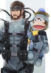 Rule 34 | 2boys, ammunition pouch, bodysuit, brown hair, cowboy shot, facial hair, goatee, headband, male focus, metal gear (series), metal gear solid, miviy19, multiple boys, muscular, open mouth, pipo snake, pouch, simple background, solid snake, uniform