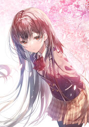 Rule 34 | 1girl, arms behind back, ascot, blazer, brown eyes, brown hair, buttons, cherry blossoms, collared shirt, cowboy shot, double-breasted, falling petals, hair between eyes, hairband, highres, jacket, leaning forward, long hair, looking at viewer, miwabe sakura, original, pantyhose, parted lips, petals, plaid, plaid skirt, pleated skirt, school uniform, shirt, skirt, solo, very long hair, white shirt