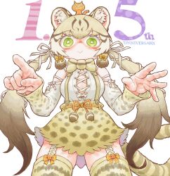 Rule 34 | 1girl, absurdres, animal, animal ears, anniversary, bara bara (pop pop), bow, bowtie, cat, cat ears, cat girl, cat tail, extra ears, garter straps, geoffroy&#039;s cat (kemono friends), green eyes, grey hair, highres, kemono friends, kemono friends v project, long hair, looking at viewer, ribbon, shirt, simple background, skirt, suspenders, tail, thighhighs, twintails, virtual youtuber