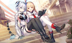 Rule 34 | 2girls, :d, black footwear, black hairband, black legwear, blonde hair, blue eyes, blue necktie, blue sky, book, breasts, bridal gauntlets, building, character request, chinese commentary, cloak, clothing cutout, commentary request, copyright request, day, dress, full body, gauntlets, hair between eyes, hairband, headgear, high heels, highres, holding, holding book, hood, hooded cloak, horns, long hair, looking at viewer, mechanical tail, medium breasts, multiple girls, navel, navel cutout, necktie, open book, open mouth, outdoors, plant, pointy ears, potted plant, red eyes, ririko (zhuoyandesailaer), shadow, shirt, short hair, short shorts, shorts, sidelocks, silver hair, single horn, sitting, skindentation, sky, sleeveless, sleeveless shirt, smile, stairs, tail, teeth, thighhighs, upper teeth only, white cloak, white dress, white legwear, white shirt, white shorts, zettai ryouiki