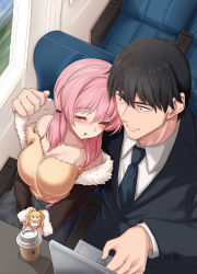 Rule 34 | 1boy, 1girl, bare shoulders, black jacket, black neckwear, blush, breasts, business suit, character doll, cleavage, closed eyes, coffee, computer, formal, from above, fur-trimmed jacket, fur trim, idolmaster, idolmaster cinderella girls, jacket, jougasaki mika, laptop, large breasts, leaning on person, long sleeves, looking at another, low twintails, medium hair, morino shoutarou, necktie, off shoulder, open clothes, open jacket, open mouth, pink hair, producer (idolmaster), producer (idolmaster cinderella girls anime), shirt, side-by-side, sitting, sleeping, sleeping on person, sleeping upright, smile, suit, train interior, twintails, yellow shirt
