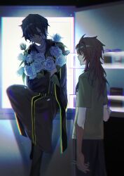 Rule 34 | 2boys, black hair, black pants, bouquet, brown hair, brown robe, burn scar, chromatic aberration, closed eyes, commentary, flower, green shirt, harada minoru, highres, holding, holding bouquet, holding pen, hood, hood down, hooded robe, in container, in refrigerator, kyoko (akakikyoko), light particles, long hair, male focus, multiple boys, pants, pen, refrigerator, robe, rose, saibou shinkyoku, scar, scar on arm, scar on hand, shirt, short hair, short sleeves, sitting, stole, symbol-only commentary, t-shirt, utsugi noriyuki, white flower, white rose, white shirt