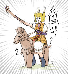 Rule 34 | 1girl, arm up, armor, black eyes, blonde hair, blunt bangs, boots, commentary request, double bun, emphasis lines, hair bun, haniwa (statue), highres, horseback riding, japanese armor, joutouguu mayumi, looking to the side, open mouth, pants, peroponesosu., puffy pants, puffy short sleeves, puffy sleeves, riding, short hair, short sleeves, simple background, solo, sword, touhou, translation request, weapon, white background, white pants, wrist guards, yellow armor