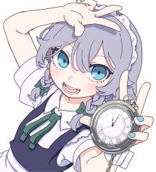 Rule 34 | 1girl, absurdres, apron, blue dress, blue eyes, blush, braid, clock, collared shirt, commentary, dress, grey hair, hair between eyes, highres, holding, holding clock, izayoi sakuya, kame (kamepan44231), maid, maid apron, maid headdress, one-hour drawing challenge, open mouth, shirt, short hair, short sleeves, simple background, smile, solo, touhou, twin braids, upper body, waist apron, watch, white apron, white background, white shirt