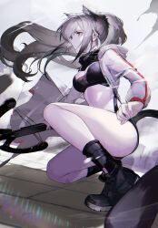 Rule 34 | 1girl, absurdres, animal ears, anths, arknights, bare legs, black footwear, black shirt, black shorts, black socks, bow (weapon), breasts, cat ears, cat tail, cleavage, closed mouth, coat, crop top, crossbow, expressionless, extra ears, floating hair, grey hair, highres, holding, hood, hood down, large breasts, long sleeves, looking ahead, micro shorts, midriff, navel, open clothes, open coat, ponytail, scarf, schwarz (arknights), shirt, shoes, short shorts, shorts, socks, solo, squatting, stomach, tail, thighs, weapon, white coat