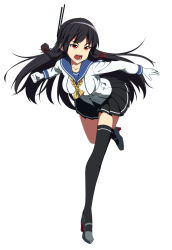 Rule 34 | 1girl, black hair, black skirt, black thighhighs, breasts, commentary request, eyebrows, full body, gloves, hair ornament, high heels, highres, isokaze (kancolle), kantai collection, leg up, long hair, long sleeves, open mouth, orange eyes, pleated skirt, school uniform, simple background, single thighhigh, skirt, solo, standing, standing on one leg, thighhighs, toho-77, white background, white gloves