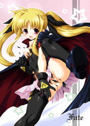 Rule 34 | 00s, 1girl, belt, blonde hair, boots, breasts, cape, censored, fate testarossa, fate testarossa (movie 1st form), gloves, hair ribbon, joy ride, long hair, lyrical nanoha, mahou shoujo lyrical nanoha, mahou shoujo lyrical nanoha a&#039;s, medium breasts, nipples, pussy, red eyes, ribbon, solo, thighhighs, torn clothes, twintails