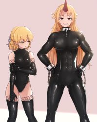 Rule 34 | 2girls, abs, absurdres, bare shoulders, black bodysuit, blonde hair, bodysuit, breasts, chain, collar, collarbone, commentary request, commission, covered navel, cuffs, gloves, green eyes, grin, hands on own hips, height difference, highres, horns, hoshiguma yuugi, impossible bodysuit, impossible clothes, large breasts, latex, latex bodysuit, latex gloves, latex legwear, latex leotard, leotard, long hair, looking at another, looking at viewer, metal collar, mizuhashi parsee, multiple girls, pointy ears, red eyes, senzaicha kasukadoki, shackles, shiny clothes, single horn, skin tight, small breasts, smile, toned, touhou