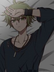 Rule 34 | 1boy, ahoge, amami rantaro, arm up, bed sheet, bracelet, collarbone, danganronpa (series), danganronpa v3: killing harmony, green eyes, green hair, hand on own forehead, highres, jewelry, looking at viewer, male focus, messy hair, necklace, ring, shirt, short hair, solo, striped clothes, striped shirt, suiren yurei, upper body