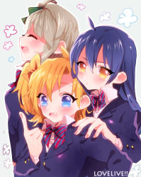 Rule 34 | 10s, 3girls, blazer, blue eyes, blue hair, blush, bow, copyright name, etsuo, fang, flower, grey hair, hair bow, hand on another&#039;s shoulder, height difference, jacket, kosaka honoka, long hair, looking away, love live!, love live! school idol project, minami kotori, multiple girls, open mouth, orange eyes, orange hair, pointing, pout, profile, school uniform, short hair, side ponytail, simple background, smile, standing, tojo nozomi