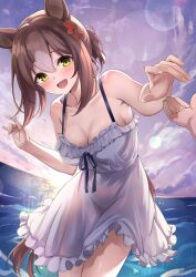 Rule 34 | 1girl, 1other, animal ears, armpits, bare shoulders, beach, breasts, cleavage, cloud, cloudy sky, clover hair ornament, collarbone, commentary request, dress, fine motion (umamusume), frilled dress, frills, hair between eyes, hair bun, hair ornament, herohero (higashi no dou), highres, horse ears, horse girl, horse tail, lens flare, medium breasts, multicolored hair, ocean, outdoors, outstretched hand, sky, solo focus, streaked hair, tail, umamusume, water, white dress, white hair