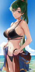 Rule 34 | 1girl, absurdres, alternate costume, asymmetrical bangs, bare shoulders, bikini, black bikini, blush, breasts, cleavage, collarbone, earrings, fire emblem, fire emblem: the blazing blade, green eyes, green hair, high ponytail, highres, jewelry, large breasts, long hair, looking at viewer, lyn (fire emblem), nintendo, ormille, ponytail, smile, solo, swimsuit