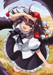 Rule 34 | 1girl, absurdres, bird wings, black bow, black bowtie, black skirt, black wings, bow, bowtie, breasts, brown hair, feathered wings, frilled skirt, frills, happy, hat, highres, medium breasts, one eye closed, open mouth, red eyes, red hat, shameimaru aya, shirt, short sleeves, skirt, solo, tassel, tokin hat, touhou, upper body, white shirt, wings, yuuka (a0240765)