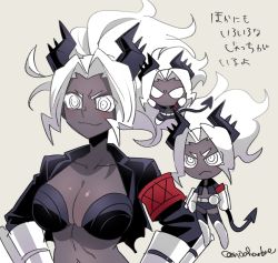 Rule 34 | 1girl, armband, black horns, black tail, breasts, chibi, colored skin, commentary request, demon girl, demon horns, demon tail, gauntlets, grey skin, helltaker, highres, horns, jacket, judgement (helltaker), large breasts, leather bikini, multiple persona, navel, noah (tettsui-sole), ponytail, shorts, simple background, smile, spiked horns, tail, thighhighs, translation request, twitter username, white eyes, white hair