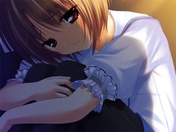Rule 34 | 1girl, black pantyhose, brown hair, closed mouth, collared shirt, crying, crying with eyes open, fumio (ura fmo), game cg, hair ribbon, hoshiuta, hugging own legs, official art, pantyhose, red eyes, ribbon, sailor collar, sailor shirt, shirt, short hair, short sleeves, solo, suou nanano, tears, white ribbon, white sailor collar, white shirt