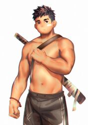 Rule 34 | 1boy, bandages, bandaid, bandaid on cheek, bandaid on face, bara, black hair, black pants, bracelet, bulge, cross scar, eyebrow cut, facial hair, feet out of frame, goatee, highres, jewelry, laserbiubiu, looking at viewer, male focus, muscular, muscular male, navel, nipples, original, pants, raised eyebrow, scar, scar on arm, short hair, sideburns, solo, stomach, sword, topless male, undercut, weapon, weapon on back