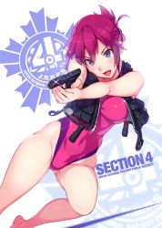 Rule 34 | 10s, 1girl, :d, aiming, arms up, bare arms, bare legs, bare shoulders, barefoot, blue eyes, breasts, competition swimsuit, covered navel, english text, female focus, finger on trigger, folded ponytail, glint, gluteal fold, gun, hair ornament, hair up, handgun, head tilt, highleg, highleg swimsuit, highres, holding, holding gun, holding weapon, large breasts, leg up, legs, leotard, non-web source, one-piece swimsuit, open mouth, pink leotard, pink one-piece swimsuit, pistol, purple hair, rail wars!, sakurai aoi, scan, short hair, smile, solo, swimsuit, thighs, vania600, vest, weapon, zipper