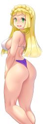 Rule 34 | 1girl, absurdres, achromaru, ass, bikini, blonde hair, breasts, creatures (company), game freak, green eyes, highres, large breasts, legs, lillie (pokemon), long hair, looking at viewer, looking back, nintendo, open mouth, pokemon, pokemon sm, sideboob, smile, solo, swimsuit, thighs, thong bikini