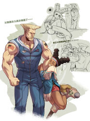 Rule 34 | 1boy, 1girl, 2boys, absurdres, arm hug, bara, capcom, chun-li, cropped legs, dark-skinned female, dark skin, facial hair, goatee, guile, highres, ken masters, large pectorals, lily hawk, looking at another, mature male, multiple boys, muscular, muscular male, pants, partially colored, pectoral cleavage, pectorals, size difference, sleeveless, sleeveless jacket, standing, street fighter, street fighter 6, veins, veiny arms, yuiofire